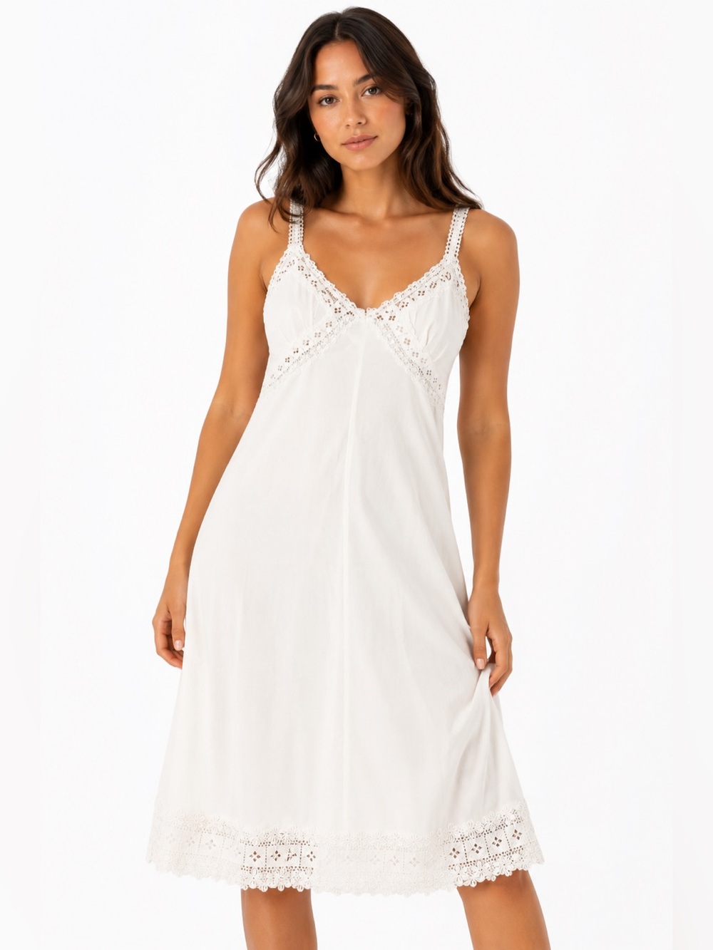 60s/70s Italian Vintage Embroidered Lace Nylon Slip Dress (Ivory/Cream) Size S/M